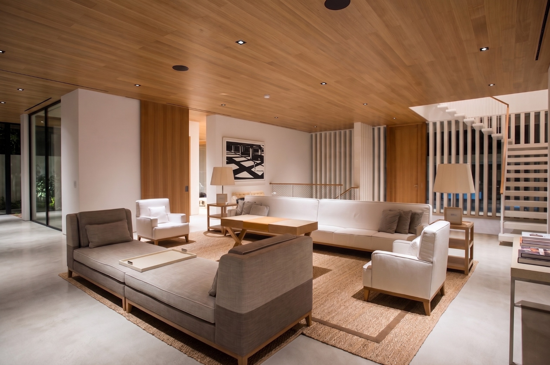 Modern living room with wood ceiling