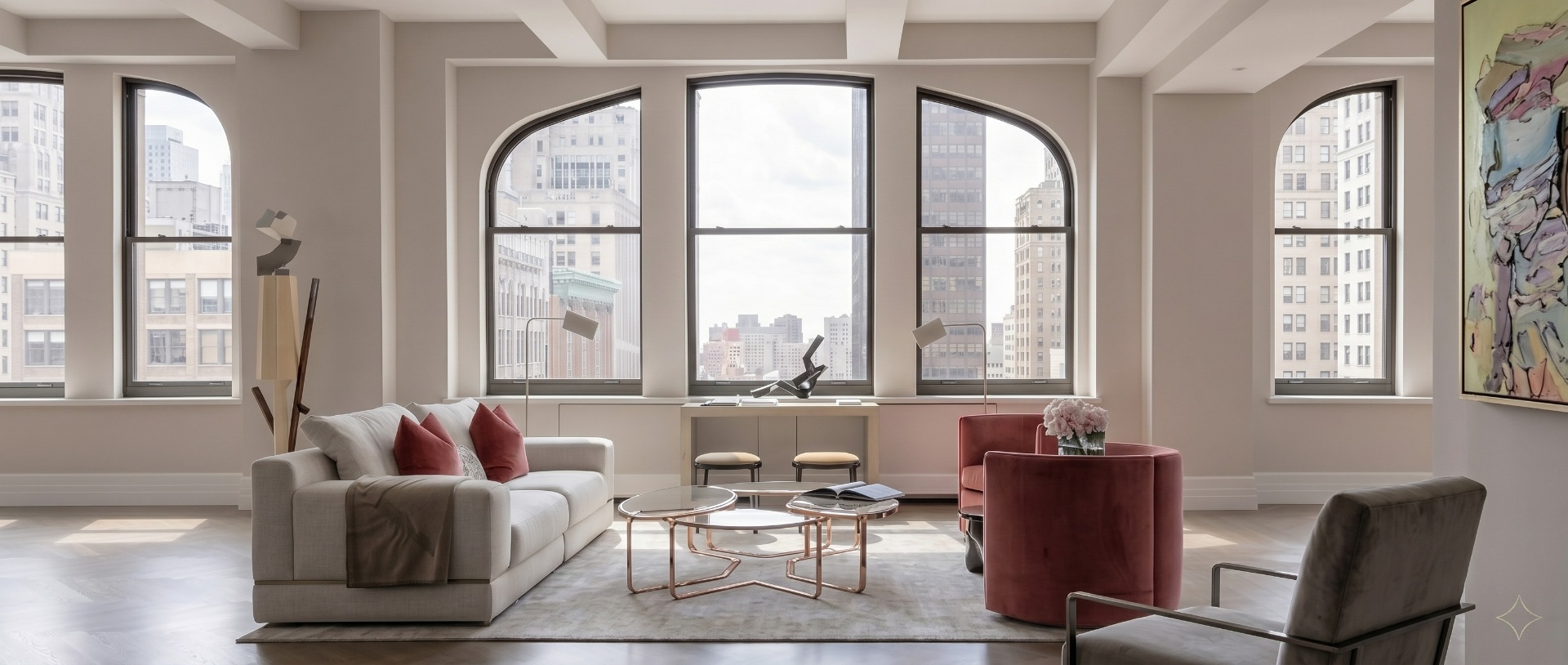 Arched windows overlooking Manhattan